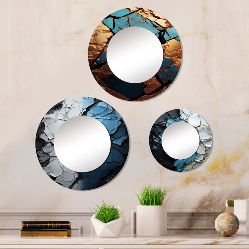 Turquoise White And Gold Marble Art I Metal Round Mirror
