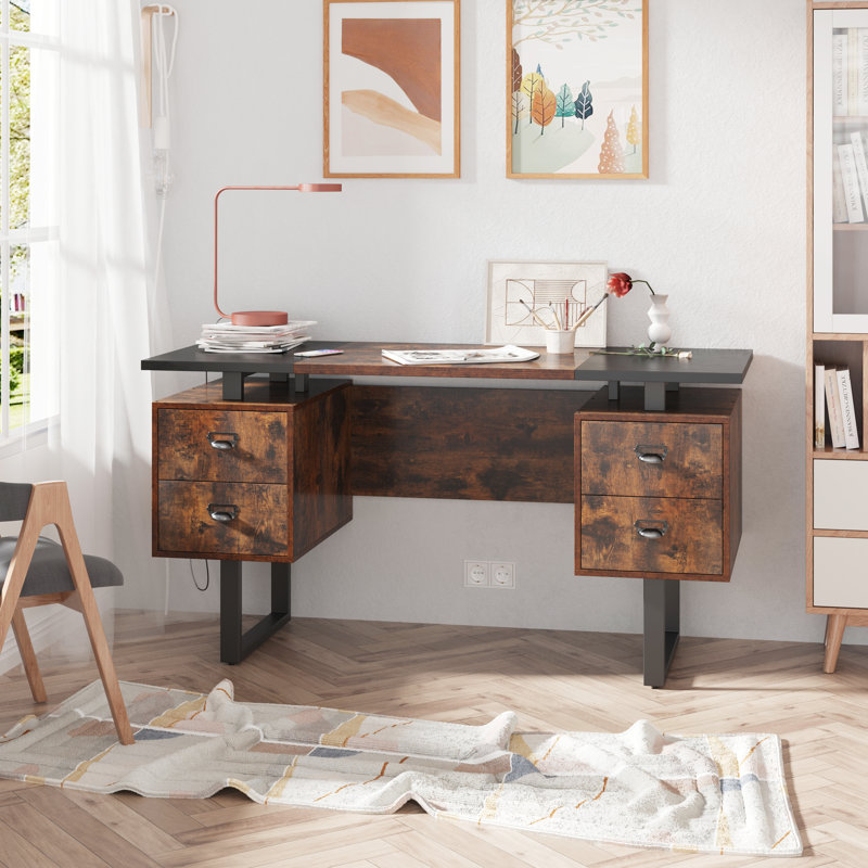 Home Office Computer Desk With Drawers/59 Inch Writing Study Table With Drawers, Black/Disstresd Brown