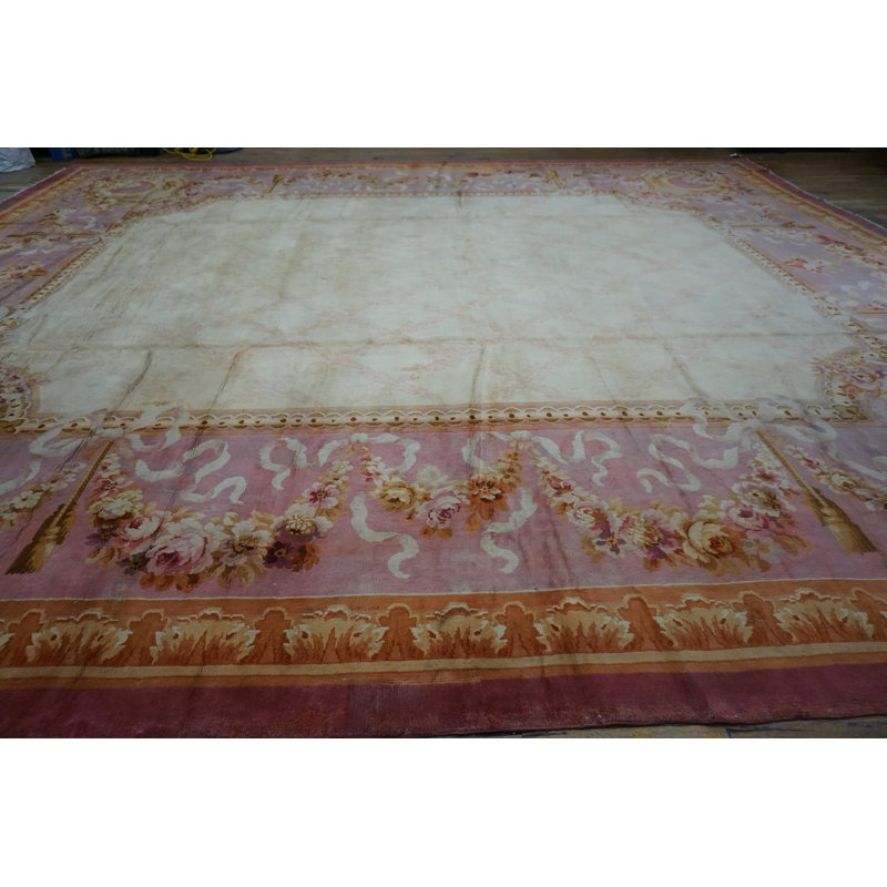 Ivory Antique Allover Trellis Design Oversized French Savonnerie Carpet