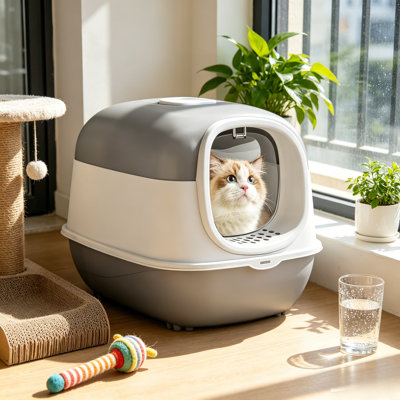 An Elegant Gray Litter Box With A Lid, It Seals In The Airtight Container To Prevent Odors And Litter From Spilling Out, Making It Both Beautiful And Practical For Home Decoration.