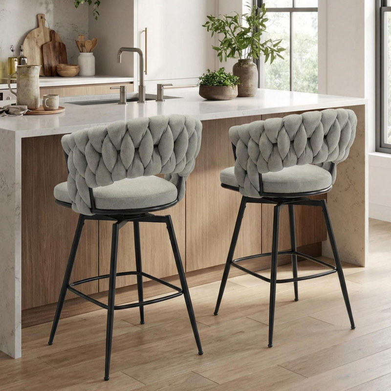 28" Grey Linen Swivel Bar Stools With Black Legs – Set Of 2, Counter Height With Back & Footrest