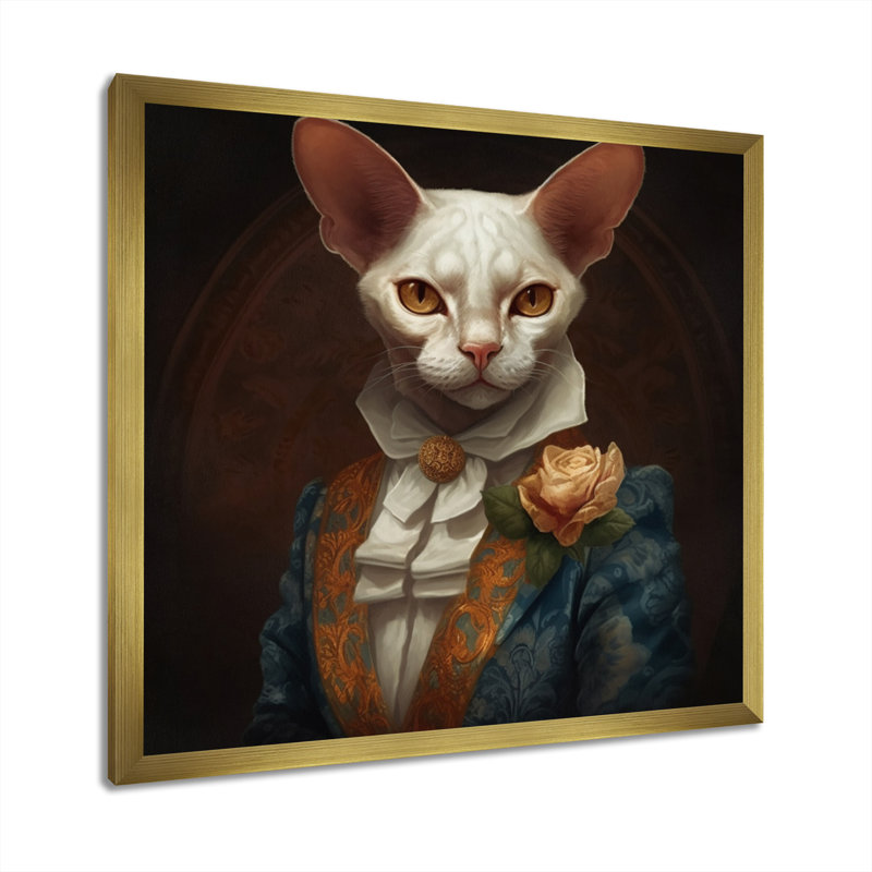 Chat blanc sur fond blanc, H 16 po x l 16 po x P 1 po, Encadrement doré