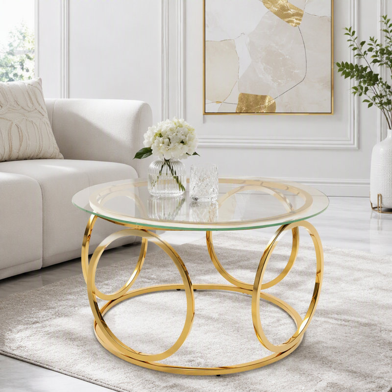 Table basse moderne à plateau rond en verre avec structure circulaire en métal, 25.4 lbs, Gold