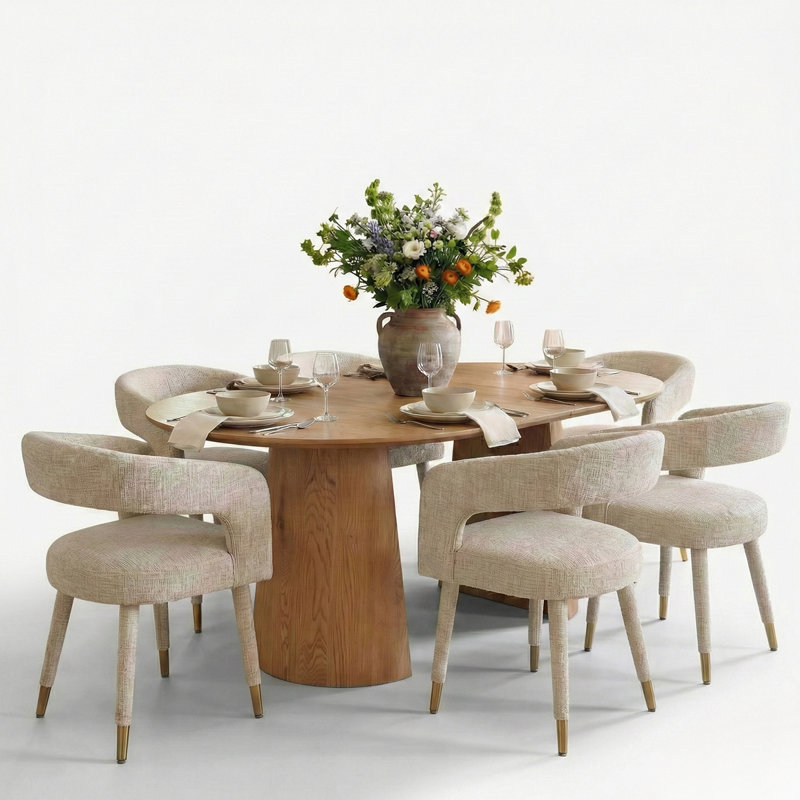 46"-83" Modern Extendable Pedestal Dining Table Set With Upholstered Open-Back Chairs, Round To Oval Kitchen Dining Set For 4-8