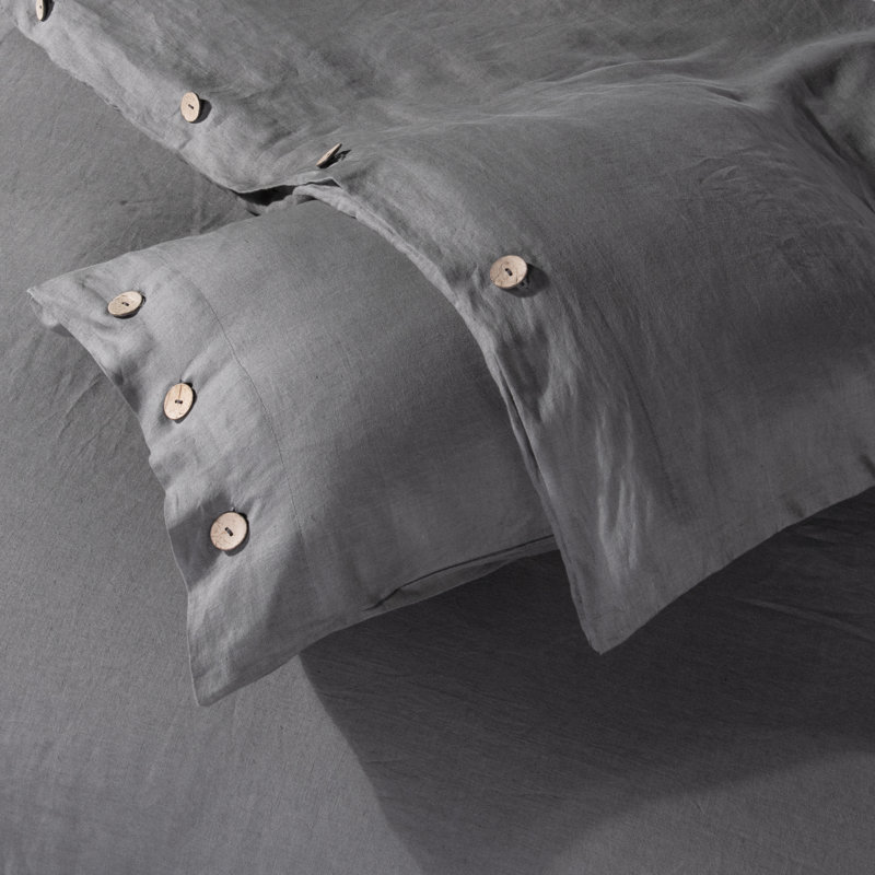 Charcoal Stone Washed Linen Queen Duvet Cover Set with Coconut Buttons