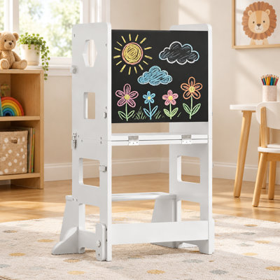 Ensemble de tour de cuisine pour tout-petits 4 en 1 avec tableau noir, escabeau pliable et chaise de table