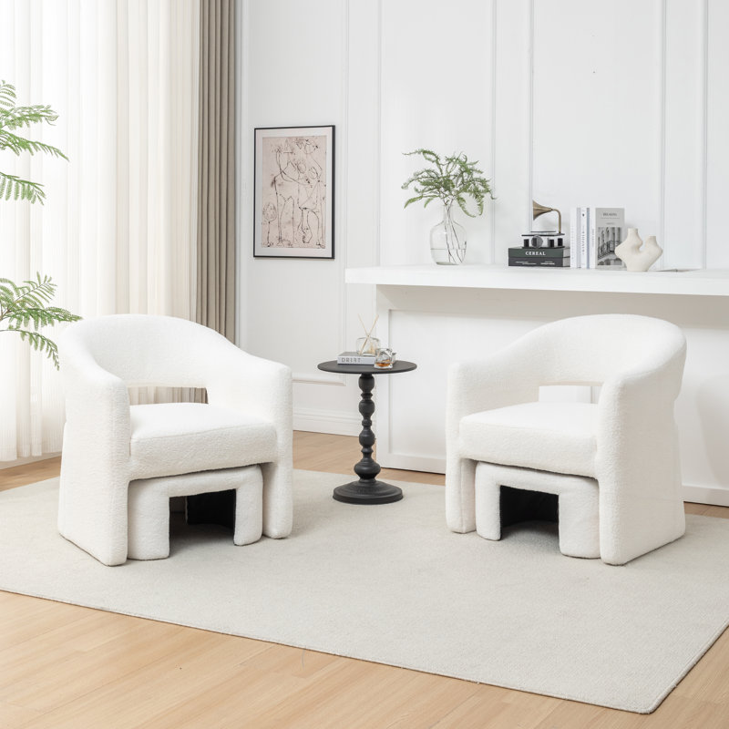 Fauteuil demi-tonneau avec repose-pieds, Fausse fourrure blanche