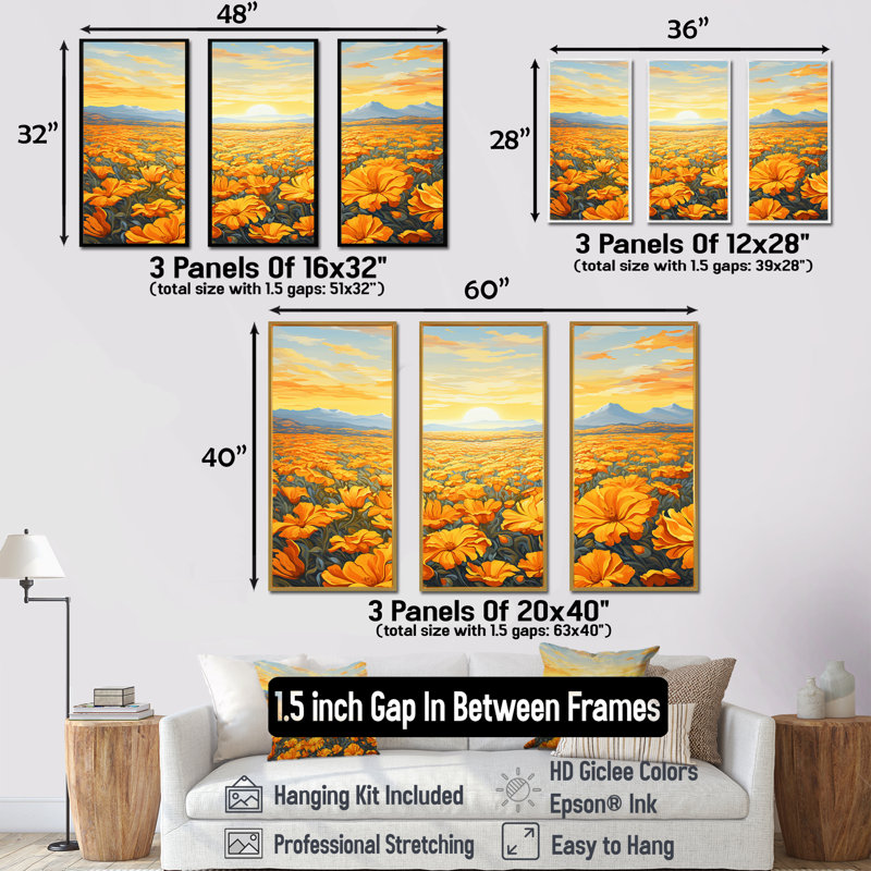 Radiant Sunshine Marigold Flowers III - ensemble d'art mural champ de fleurs, Cadre flottant noir, H 32 po x l 48 po x P 1 po