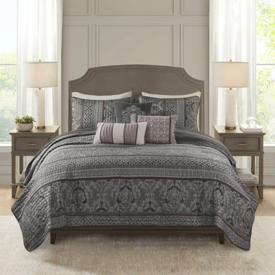 Ensemble de courtepointe 6 pièces double / grand 6 pièces jacquard avec coussins décoratifs, gris