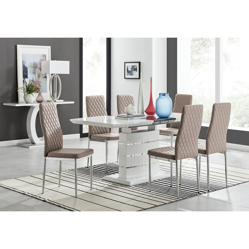 Renne Modern High Gloss Extendable Dining Table Set With 6 Quilted Faux Leather Dining Chairs, Cappuccino/Silver