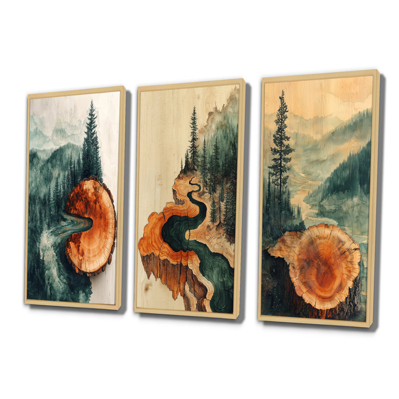 «Emerald River Into The Birtchwood Forest I - Forest Wall Art Collection», ensemble de 3, H 40 po x l 60 po, Crème, crème