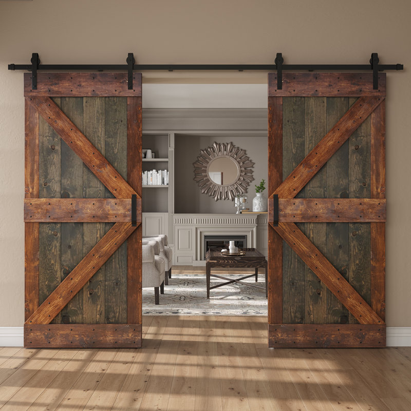 Porte de grange double à panneaux K Series avec quincaillerie d'installation, 72 po x 84 po, Tonneau vieilli / noyer foncé