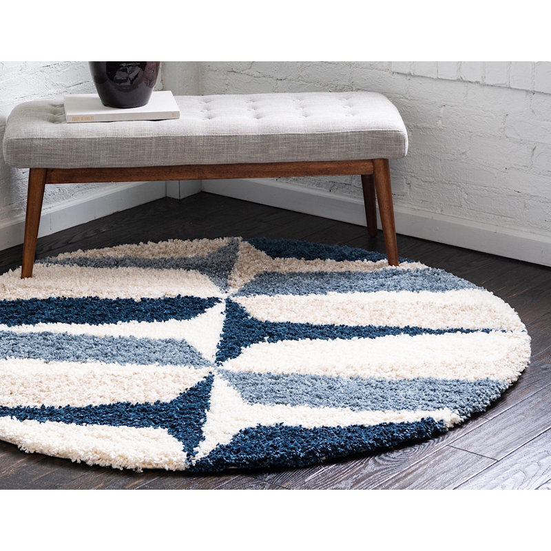 Tapis bleu à motif géométrique Mitzy, Rond 3 pi 3 po