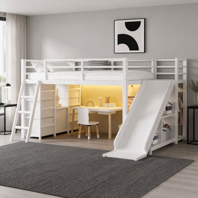 Lit mezzanine simple en métal avec glissière et échelle, lit mezzanine en métal avec tiroirs de rangement et zone de suspension, cadre de lit en métal avec bande à DEL pour enfants adolescents, blanc
