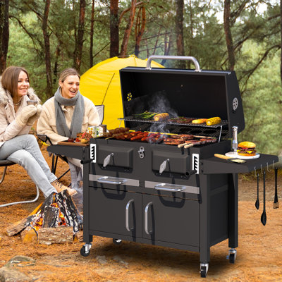Barbecue au charbon 37,8 po à deux zones avec plateaux à charbon réglables et 2 tables d'appoint pliables