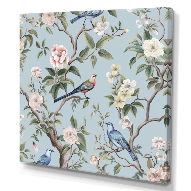 Amritha chinoiserie avec oiseaux et pivoines, art mural pour salon, oiseaux, H 16 po x l 16 po x P 1 po, Toile tendue