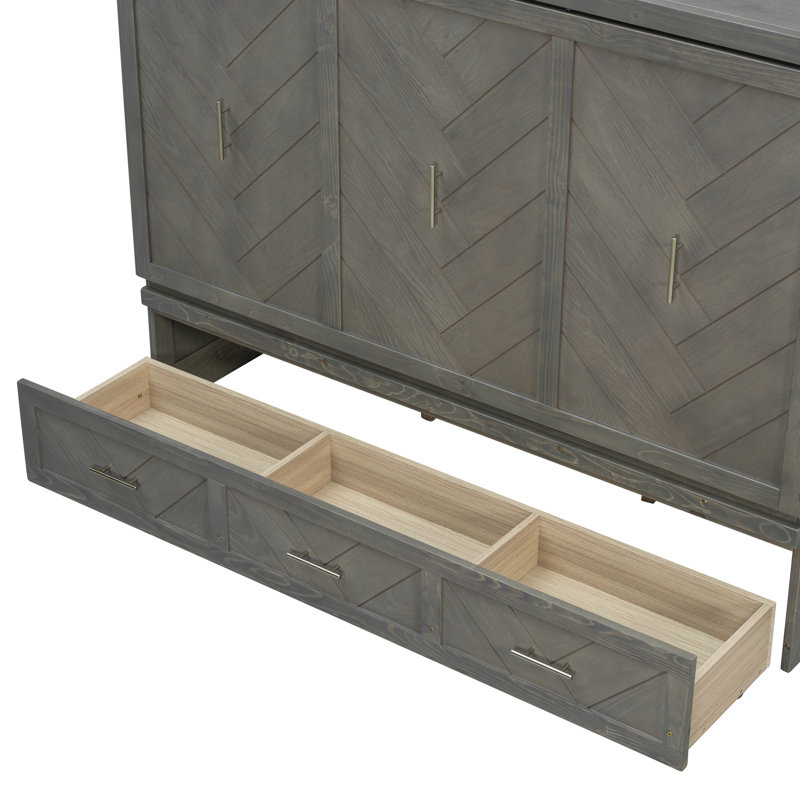 Grand lit escamotable Farmhouse avec station de charge et tiroir de rangement, Gray