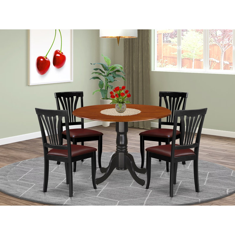 5 Piece Dinette Set for 4 Includes a Round Dining Room Table with Dropleaf and 4 Faux Leather Kitchen Dining Chairs, 42x42 Inch