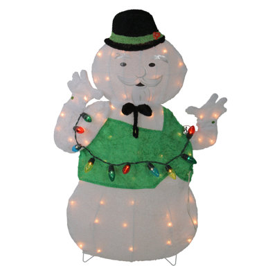 33" Pre-Lit White and Green Snowman Christmas Outdoor Decor