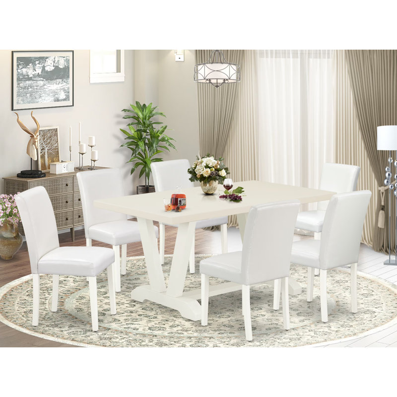 Ensemble de mobilier de salle à manger 7 pièces composé d'une table de salle à manger rectangulaire avec pieds en V et 6 chaises rembourrées en similicuir blanc, multicolore