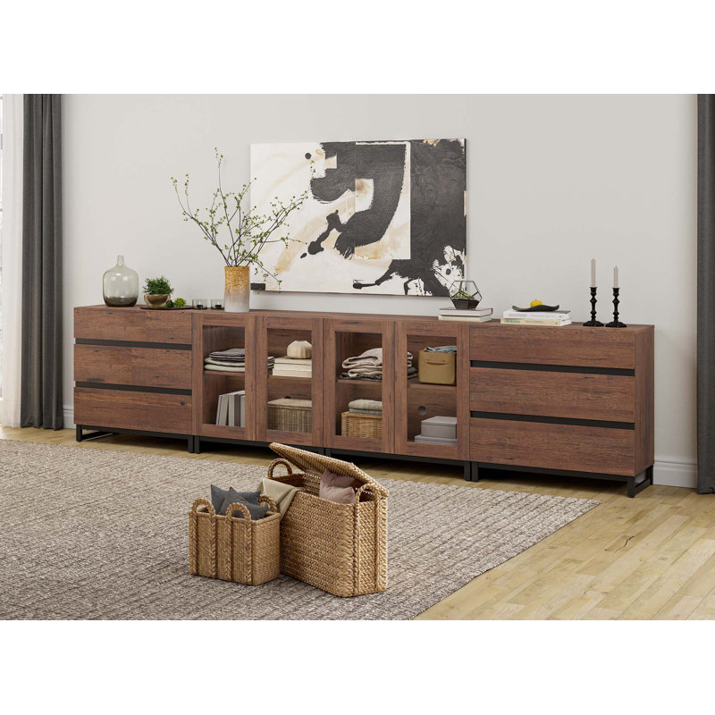 Commode 4 en 1 moderne avec portes en verre et 6 tiroirs, armoire de rangement avec tablettes réglables, commode pour chambre à coucher