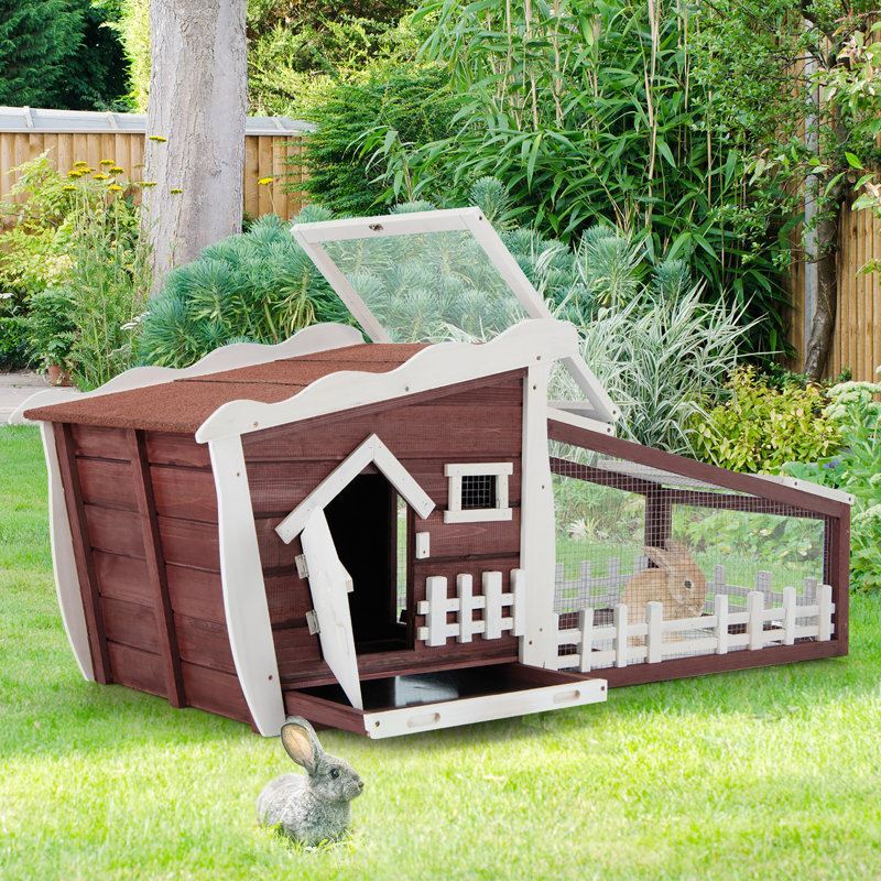 Red and White Wooden Rabbit Hutch with Pull Out Tray