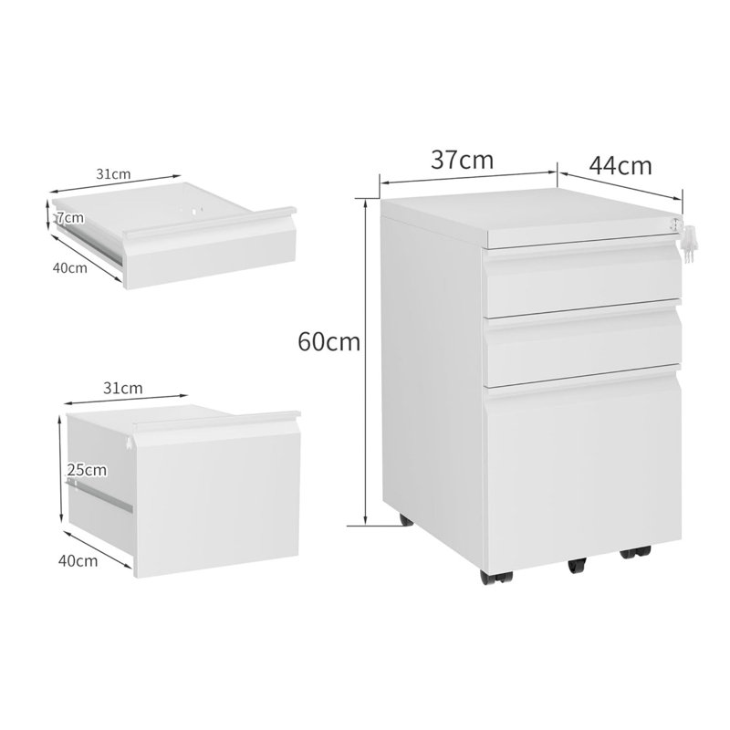37 cm W 3 -Drawer Wheels / Casters included Mobile Steel Filing Cabinet, White