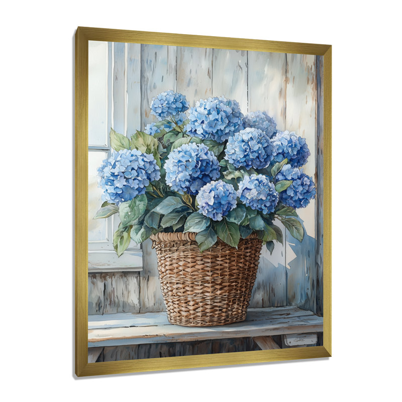 Hortensias dans un panier de ferme I - Art mural floral salon, H 32 po x l 24 po, Reproduction encadrée d'une seule photo