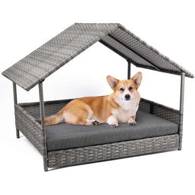 Outdoor Indoor Medium Wicker Dog House With Canopy - Elevated Rattan Dog Bed With Water Resistant Cushion For Small Medium Large Dogs - Protective Cover Included