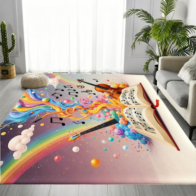 Colorful Rainbow Musical Note Violin Guitar Area Rug, Whimsical Creative Music Art Pattern, Soft Durable, Machine Washable Non-Slip Floor Carpet, Stylish Indoor Home Decor for Living Room, Bedroom, Teen Room, Dormitory, Music Room