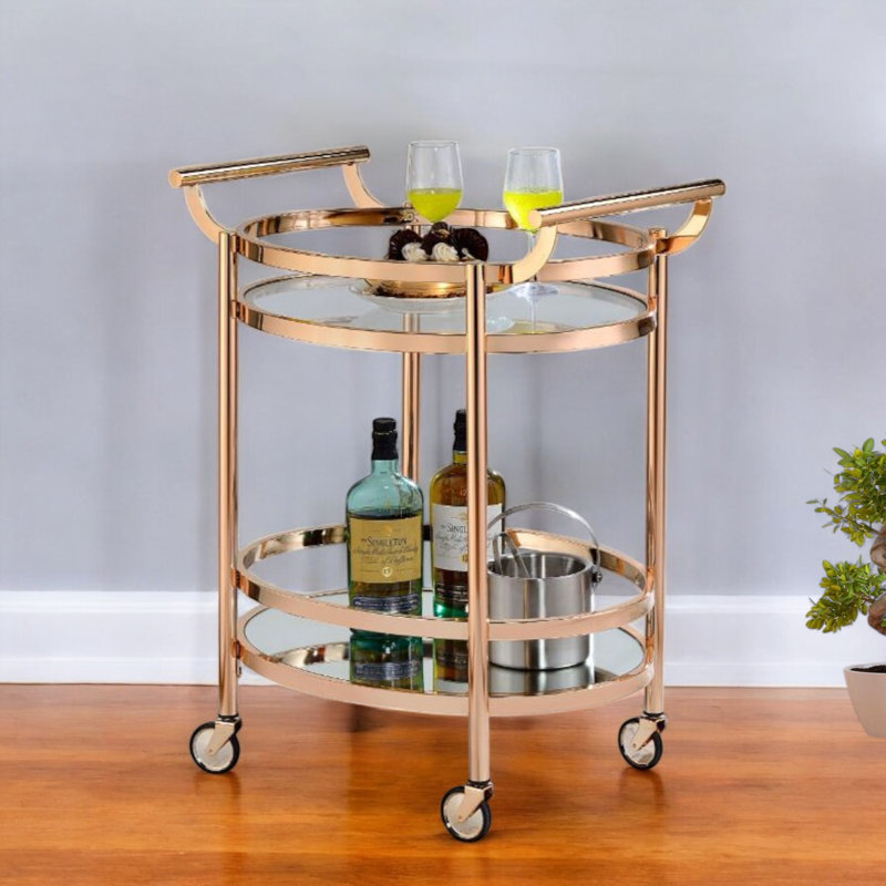 Chariot de service Perla en bronze brossé et verre transparent, Or rose