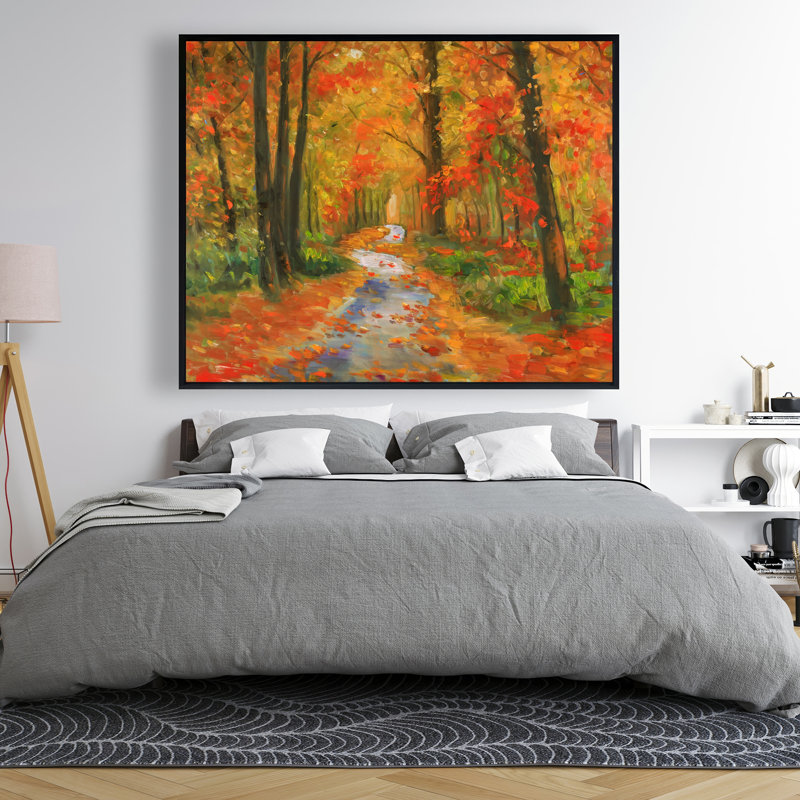 Autumn Trail - Toile encadrée orange contemporaine pour la décoration intérieure
