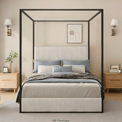Queen Size Modern Luxury Metal Canopy Bed with Tall Corduroy Upholstered Headboard and Gold Four Poster | No Box Spring Needed, Beige