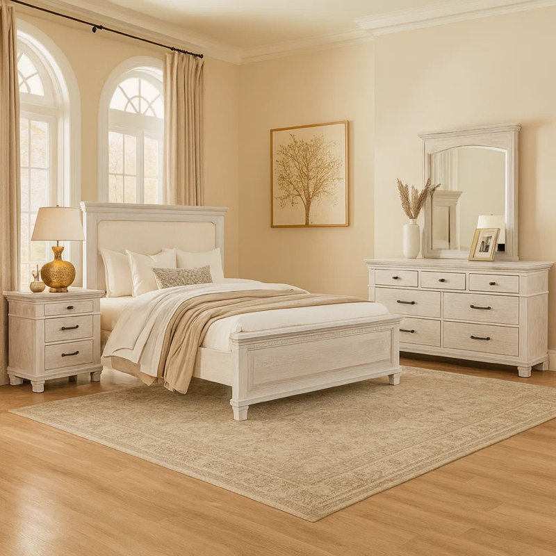 Ensemble de chambre pour grand lit 4 pièces Leyne, revêtement crème, gris vieilli