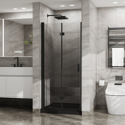 Panneau de douche pivotant pliable en verre trempé transparent de 36 po x 72 po 1/4 po en verre trempé avec finition noire, pliable