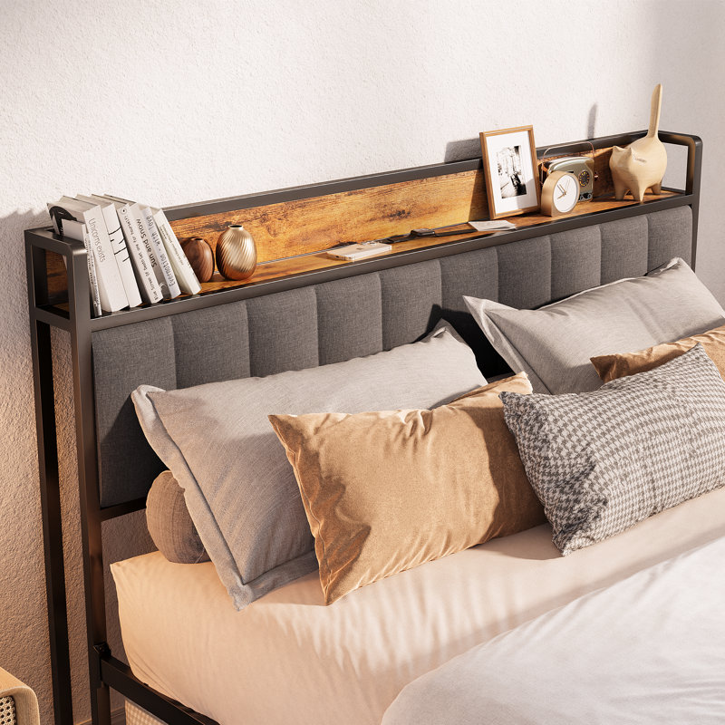 Modern Metal Platform Bed with Linen-Upholstered Storage Headboard & Open Bookcase Shelves – High Leg Design, Dark Gray