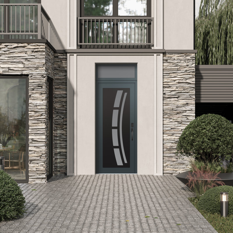 C12 à gauche 36 po X 96 po Panneau d'entrée en acier noir anthracite et verre givré anthracite avec porte d'entrée pré-montée en verre givré