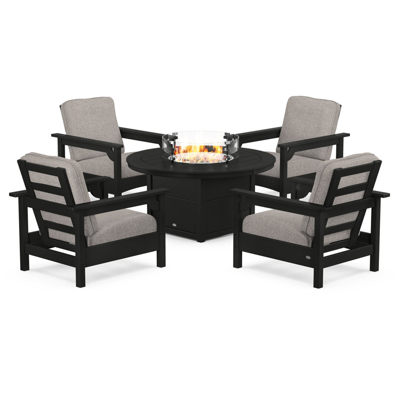 Club 5-Piece Conversation Set with Fire Pit Table, Black, Weathered Tweed