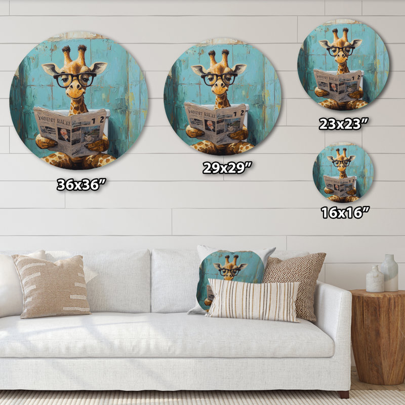 Giraffe Reading The News In The Bathroom - Giraffe Round Metal Wall Decor, 23" H x 23" W