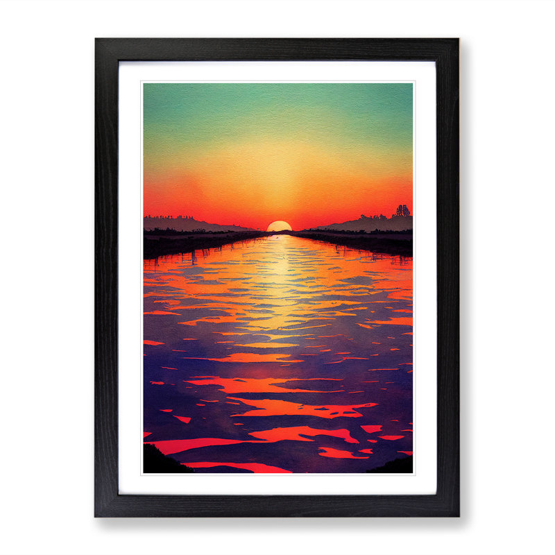 Sunset Watercolour Art No.3 - Wall Art, 48cm H x 36cm W x 2cm D, White, Black Framed Paper