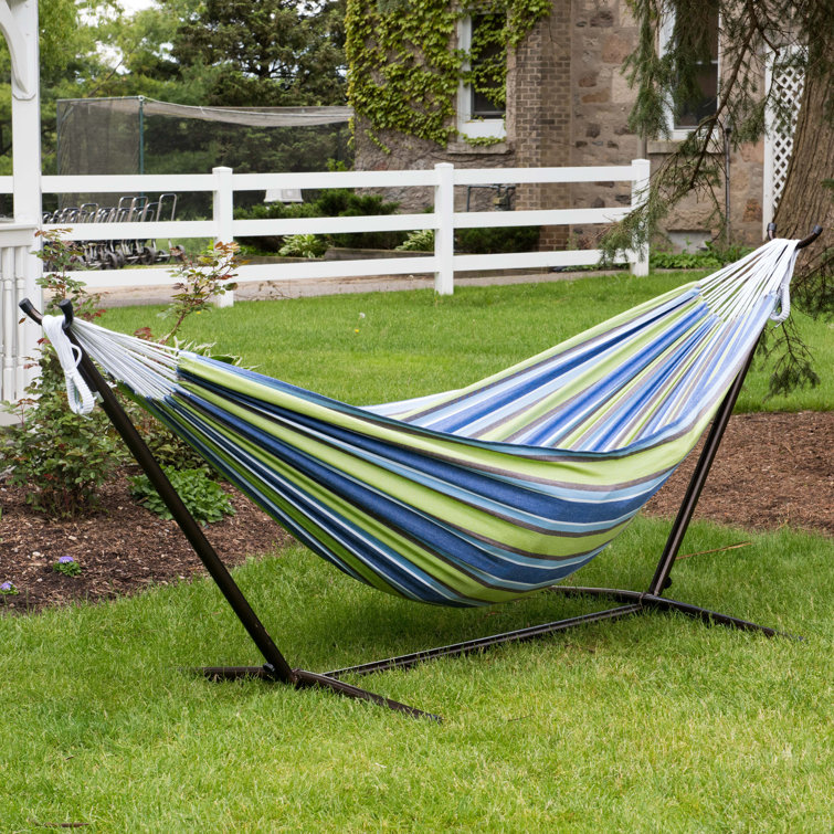 Vivere Dorinda Double Cotton Hammock with Space Saving Steel Stand and Carry Bag
