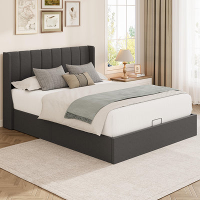Queen Lift Up Storage Bed,Upholstered Bed with Wingback Headboard | Hydraulic System with Handle, No Box Spring Needed, Wood Slats Support, Dark Gray