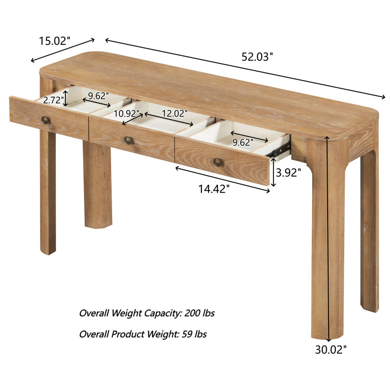 Solstice Classic Retro Console Table With 3 Drawers And Solid Wood Legs, Natural