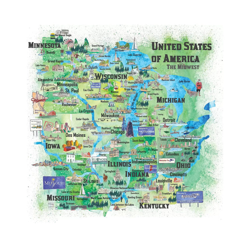 Midwest States Travel Map by Markus & Martina Bleichner - Wrapped Canvas Print, 30.48 cm H x 30.48 cm W