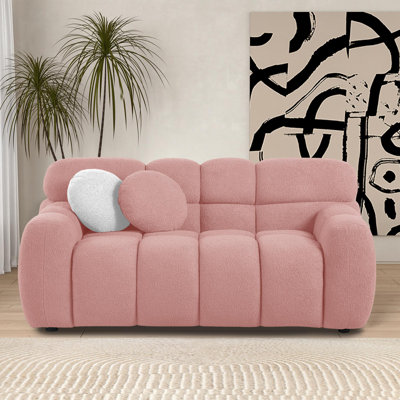 Kieayla 64.96" Modern Boucle Loveseat, Wavy Tufted Cloud Sofa with Foam and Spring Fill for Living Room, Includes 2 Pillows, Pink