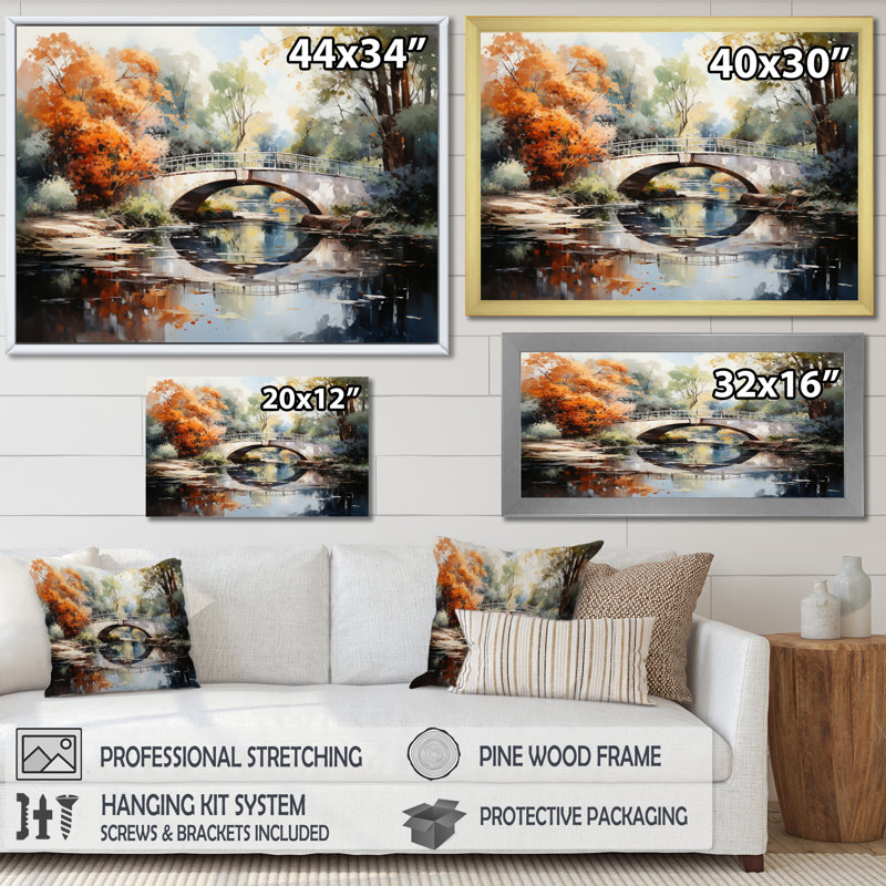 «Maahika Beige Bridge Impressionist Crossing An II», reproduction, H 12 po x l 20 po x P 1 po, Cadre simple noir