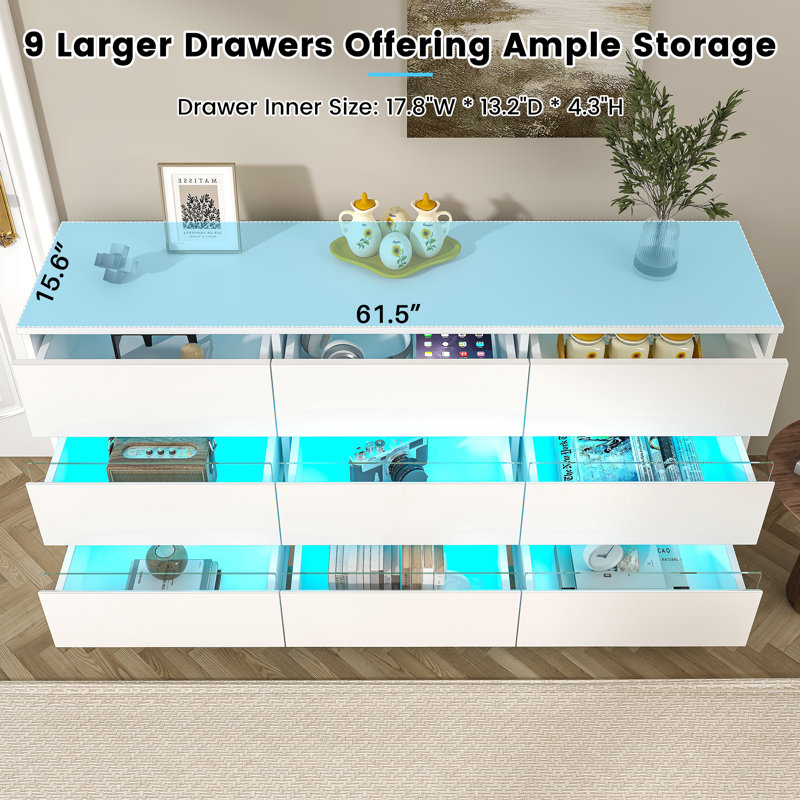 White Modern 9-Drawer Dresser with LED Lights