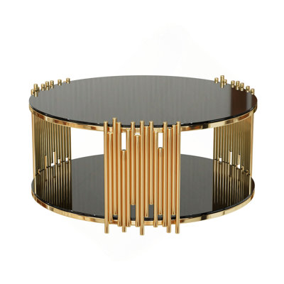 Modern Minimalist Light Luxury Style Stainless Steel Circular Coffee Table, Black Tempered Glass Countertop, Living Room Coffee Table