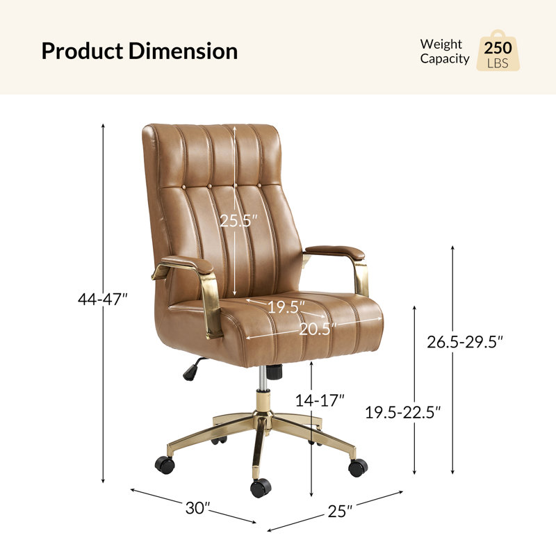 Fauteuil de direction ergonomique moderne en cuir avec dossier haut et capitonné 47 po H 47 po, Similicuir galet camel