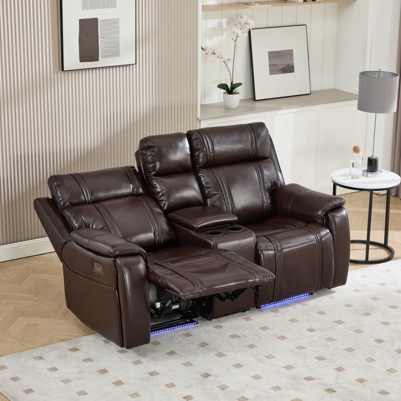 Canapé inclinable électrique moderne de 192 cm de large avec bande lumineuse DEL et console centrale, Brun